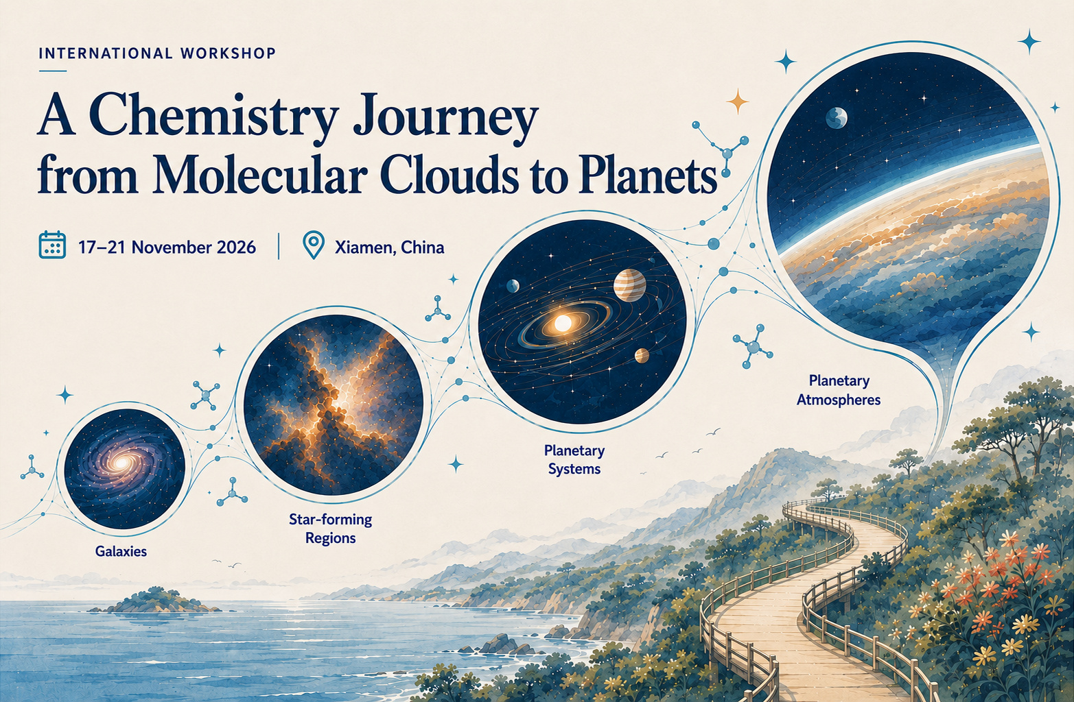 Workshop banner illustrating the journey from galaxies to planetary atmospheres above a coastal trail
